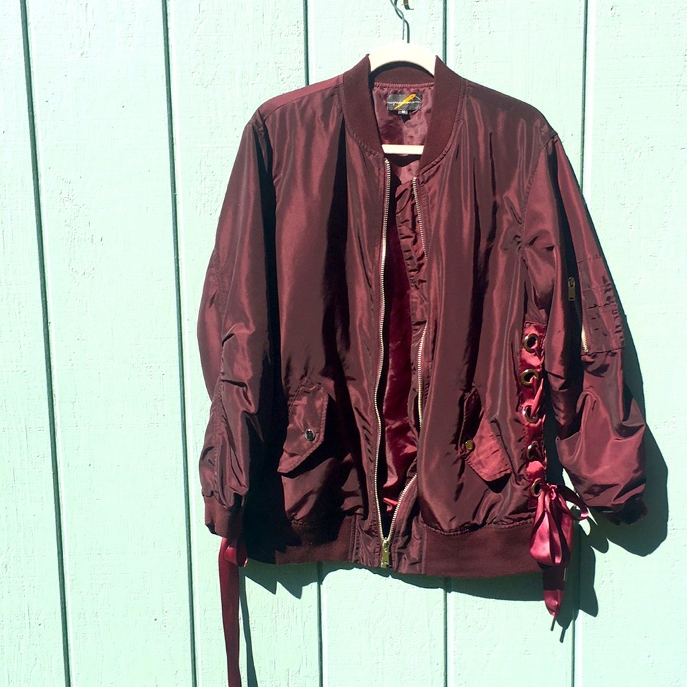 red bomber coat lace ribbon